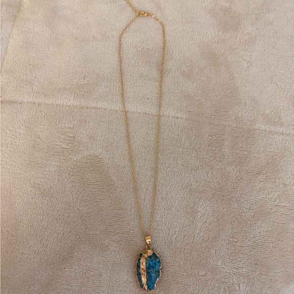 Blue Apatite Crystal Necklace | Gold Trim | 16–18” Stainless Steel Chain | - Picture 3 of 3